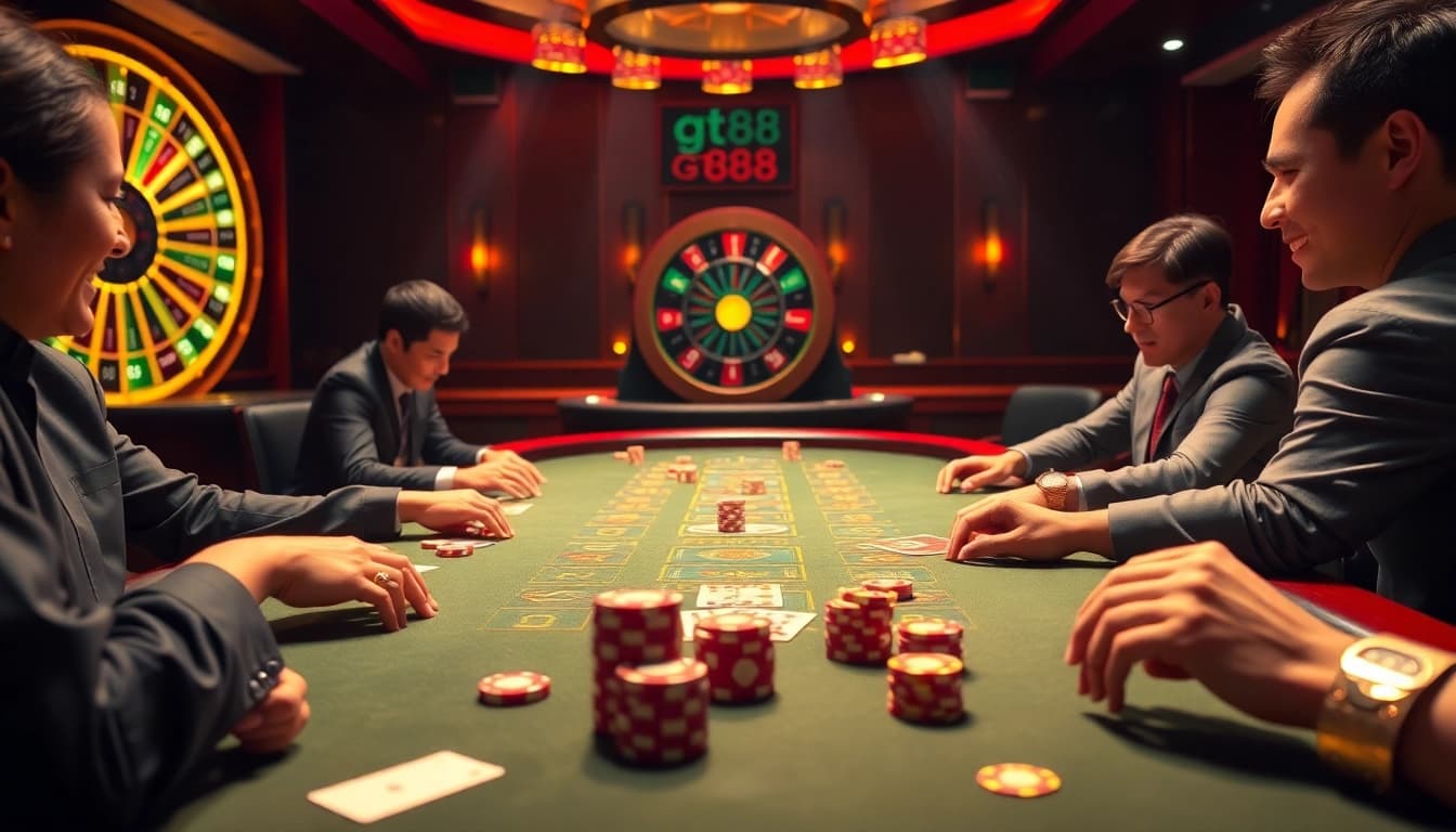 Players engaging in thrilling casino games at an upscale TG88 gaming table.