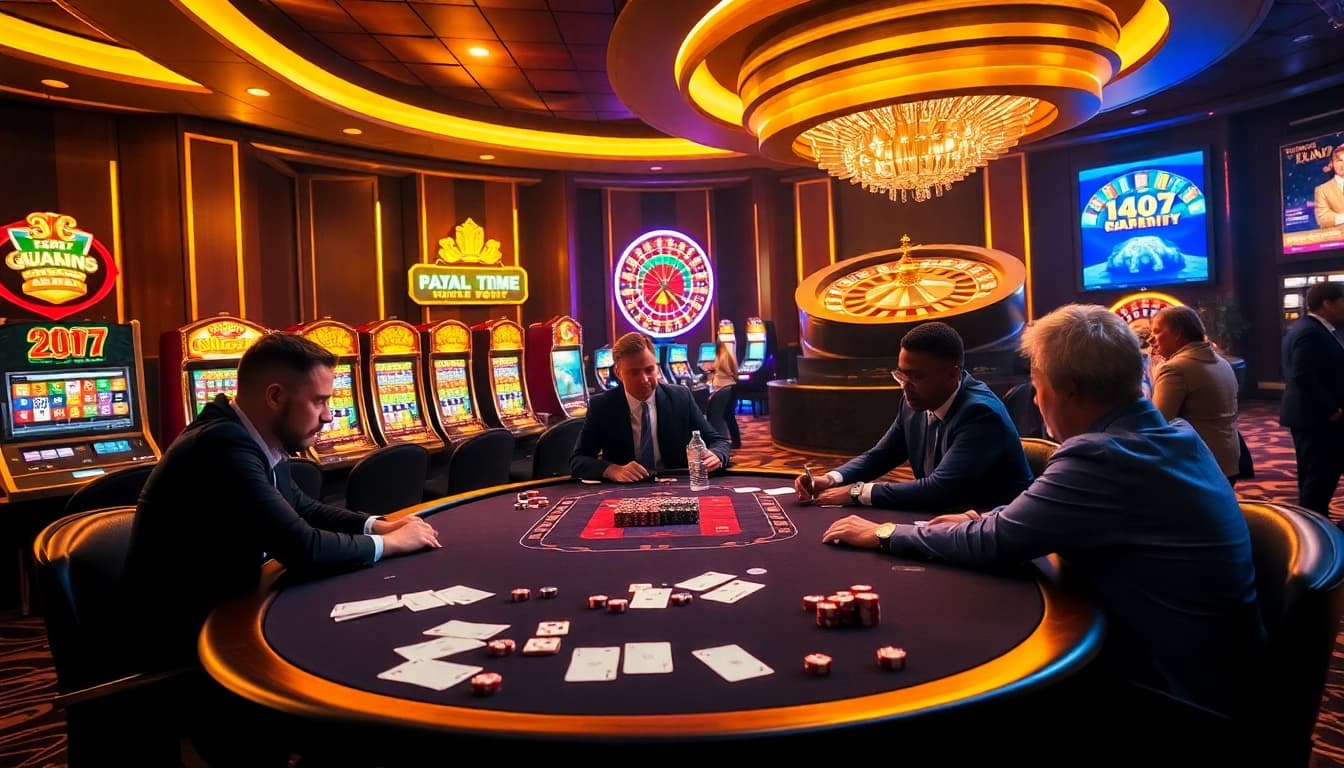 NA777 casino table with exciting poker action and vibrant slot machines in the background.