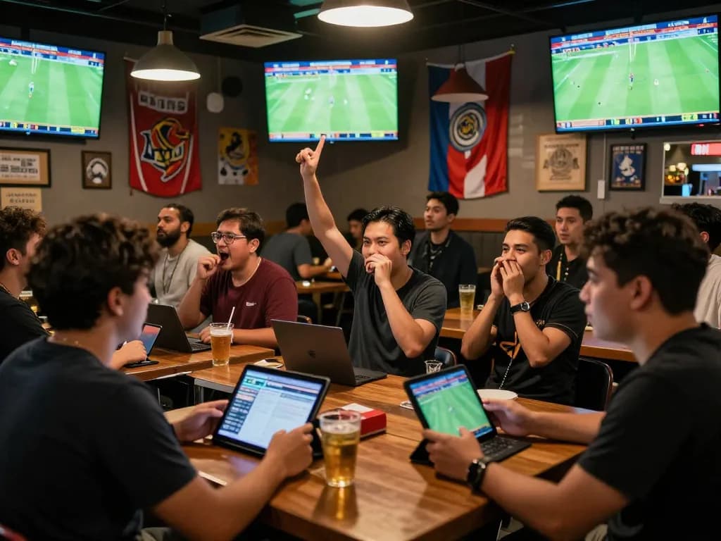 Excited fans engaging in tructiepbongda sports betting at a lively sports bar, multiple screens showcasing games.