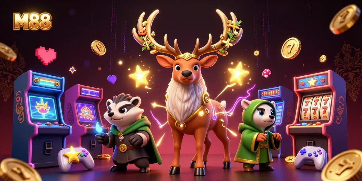 M88 slot gaming scene featuring a druid stag, badger, and vibrant game elements