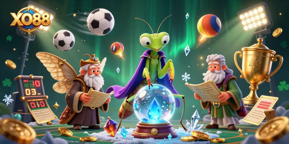 Play thrilling games at XO88 with a dynamic scene of a fortune teller and engaging sports elements.