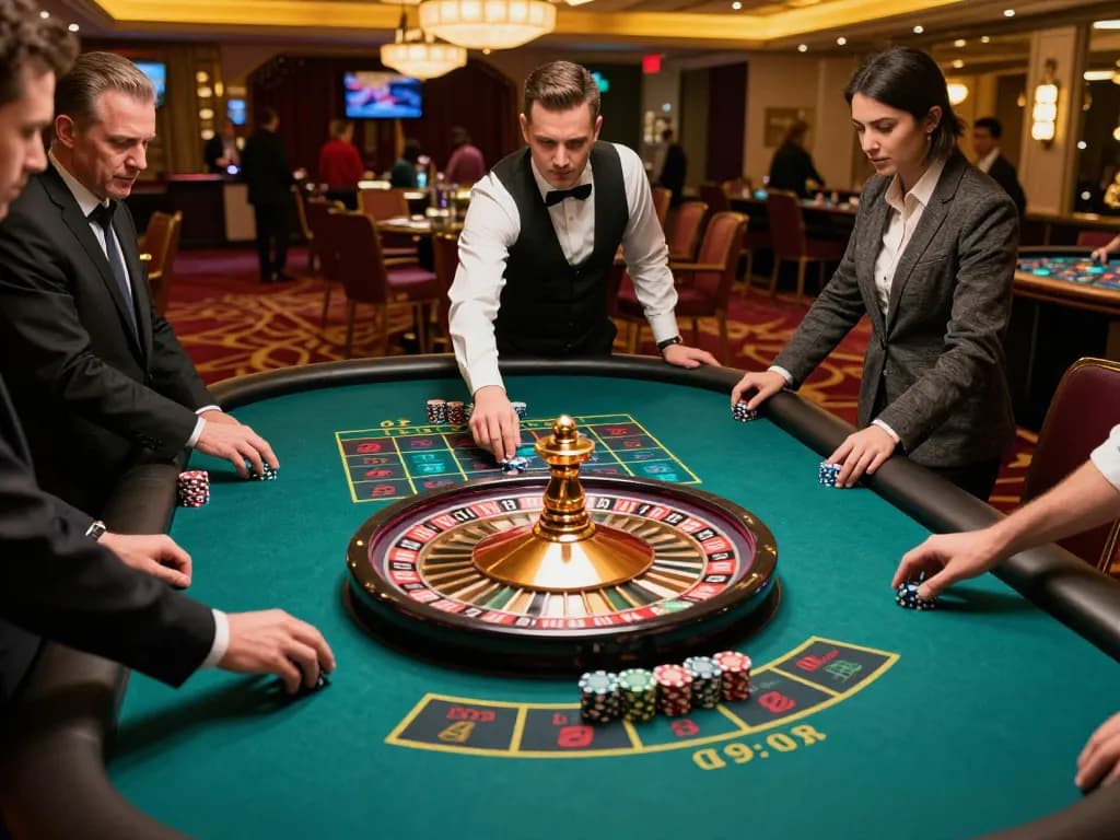 cm88 players placing strategic bets at a lively roulette table in a vibrant casino setting