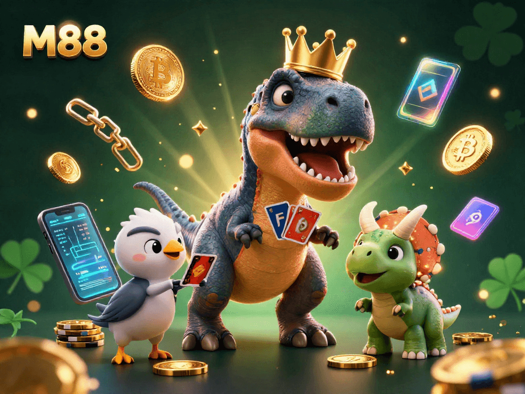 M88 showcases a vibrant, animated casino scene with dinosaurs engaged in exciting card games.