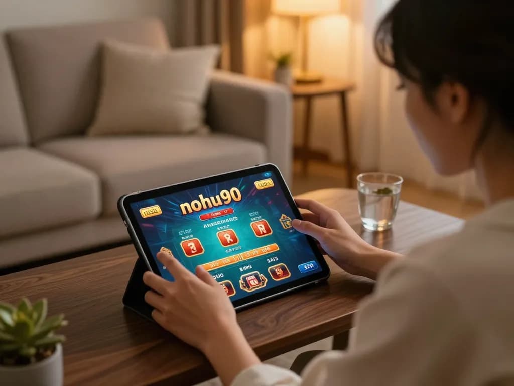 Nohu90 user engaging in online gaming with a tablet in a cozy and ambient home setting.