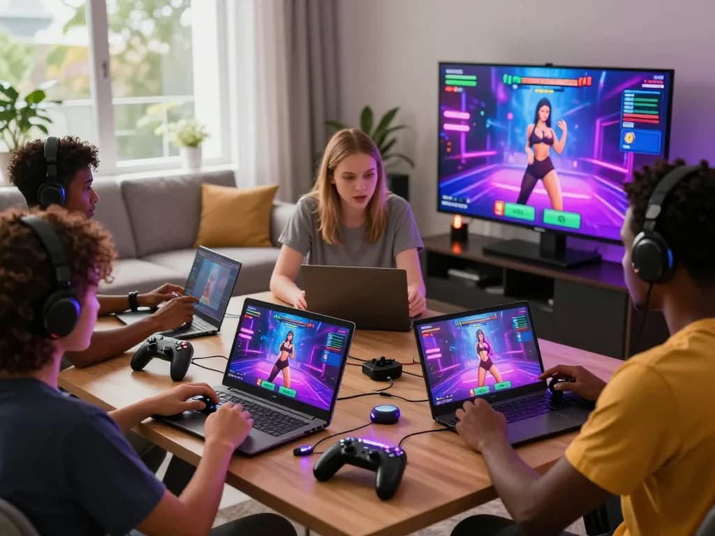 Engaged gamers exploring exciting porngames in a vibrant, modern setting