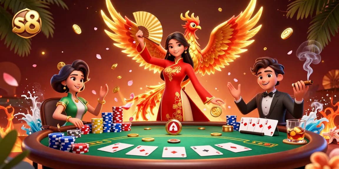 Experience thrilling poker action at s8, featuring a stunning woman in ao dai with casino elements.