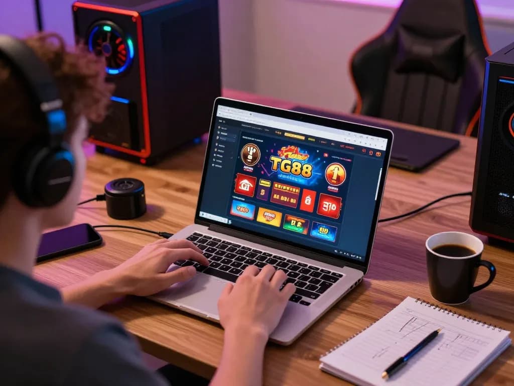 Engaged player enjoying TG88 casino games on a laptop in a cozy home setup with ambient lighting.