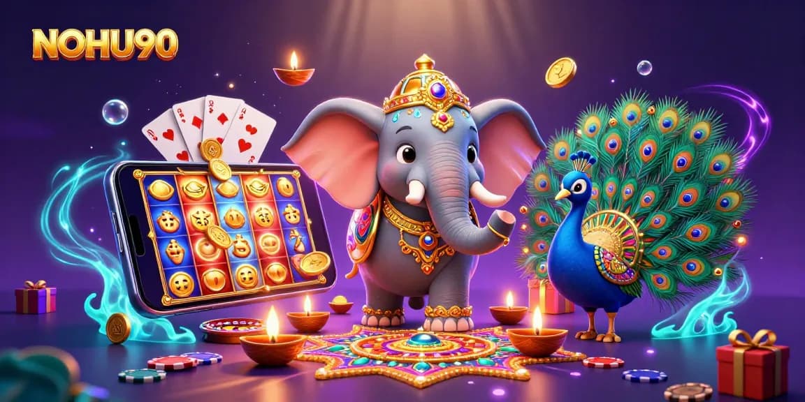 Experience thrilling gameplay with NOHU90's vibrant casino scene featuring dynamic symbols and characters.