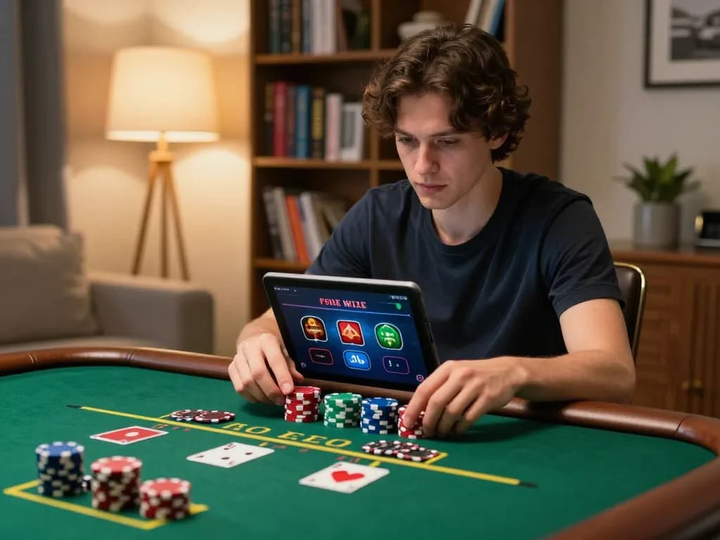 Player engaged in live dealer blackjack on SC88 app in cozy setting, showcasing online gambling excitement