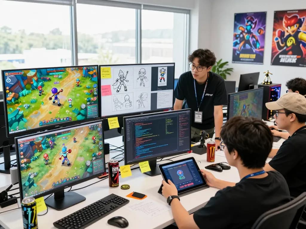 KENZO123 game development studio with dynamic character designs, vibrant teamwork, and creative workspace.