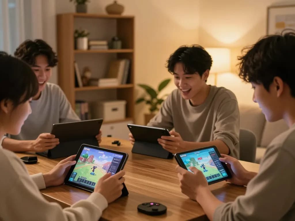 MPO08 users fully engaged in mobile gaming experience at home, showcasing lively gameplay interactions.