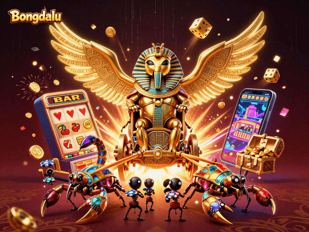 Bongdalu showcases a vibrant 3D scene with a golden scarab and dynamic casino elements.