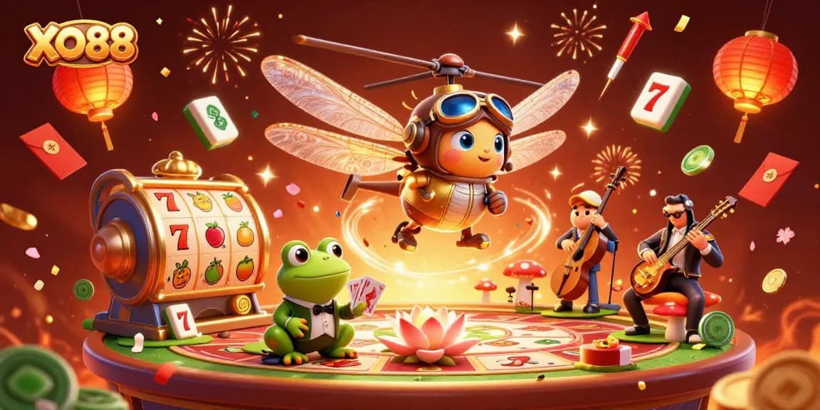Experience XO88's thrilling slots scene with vibrant characters and festive elements in a captivating illustration.