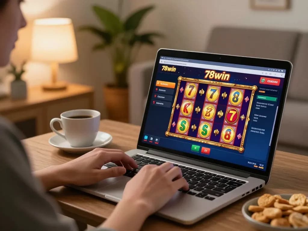 Engaged player enjoying 78win online slots in a cozy home setting, showcasing excitement and vibrant gameplay.