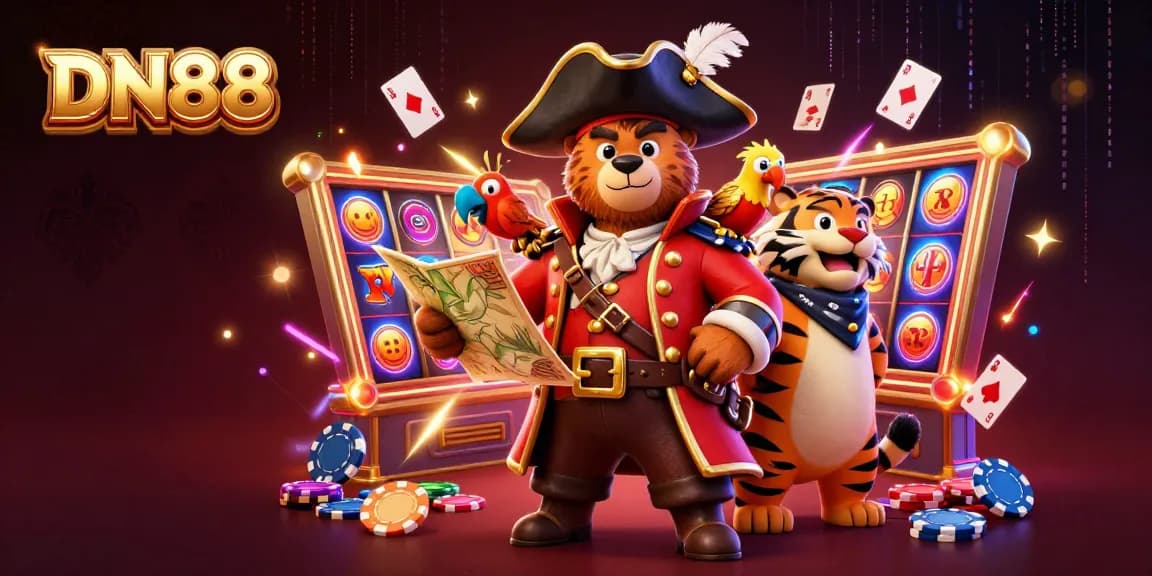 Win big with DN88's animated illustration, featuring vibrant casino games, dynamic characters, and thrilling jackpot symbols.
