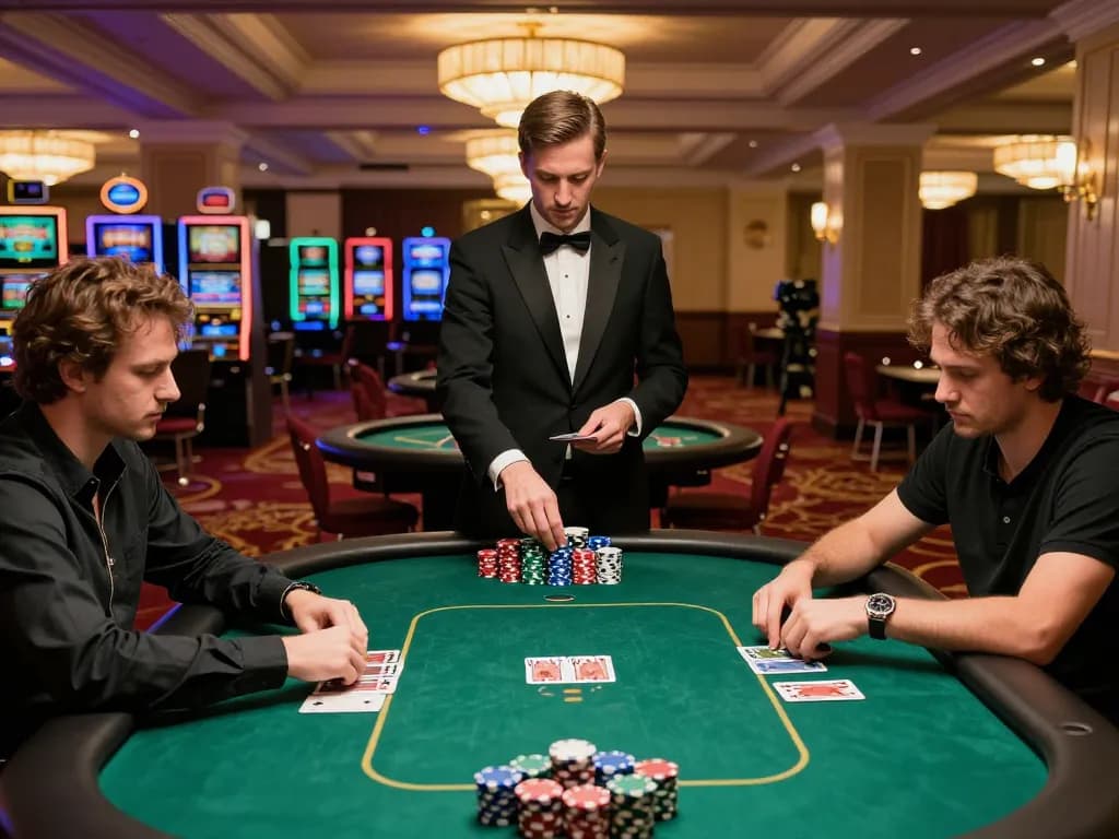 Players strategizing in U888 poker game at luxury casino setting, high-stakes atmosphere.
