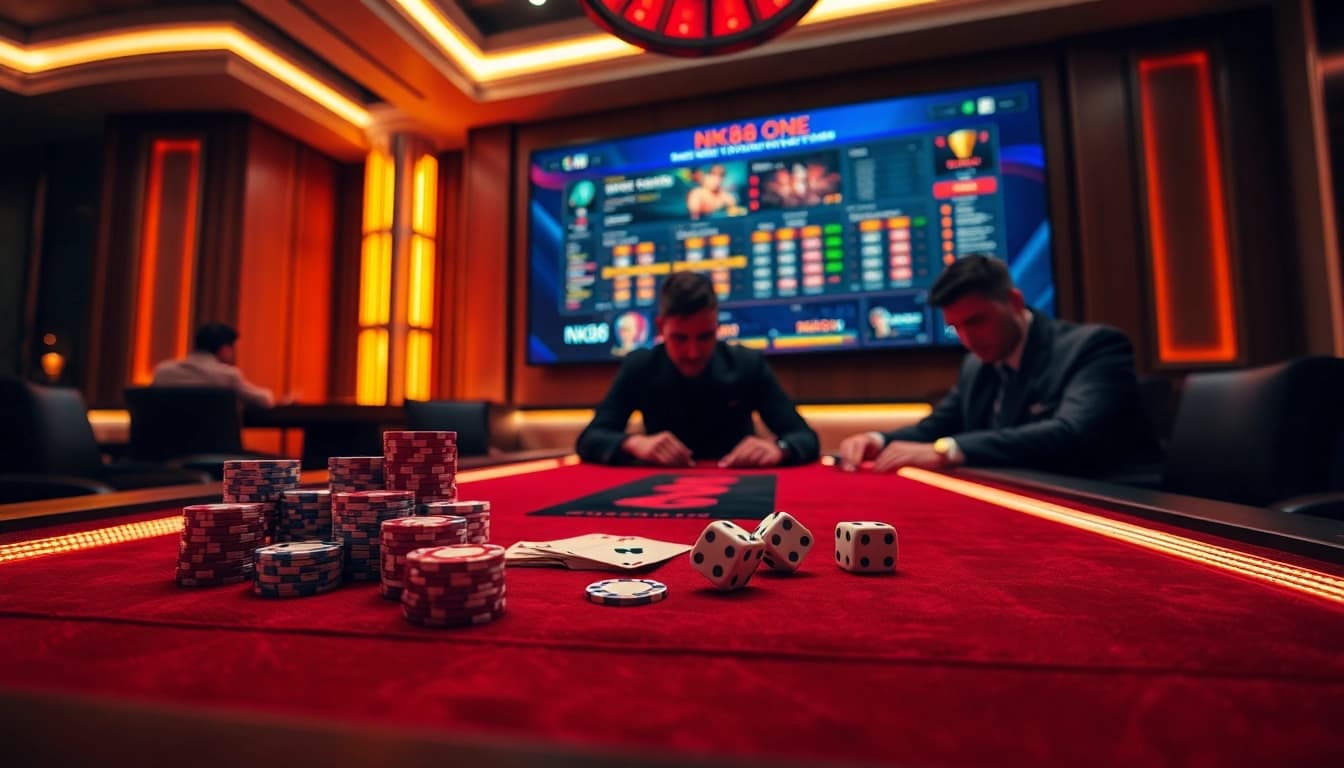 Engaging NK88 one poker game featuring strategic betting with vibrant chips and cards