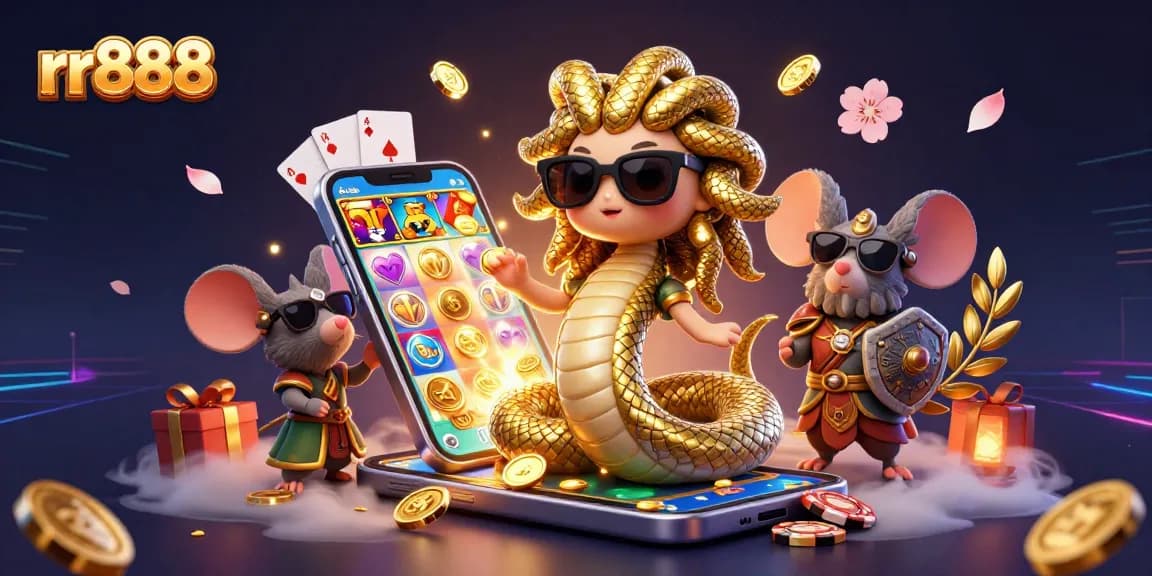 Experience thrilling slots at rr888 with a friendly Medusa and a courageous warrior mouse in a vibrant casino scene.