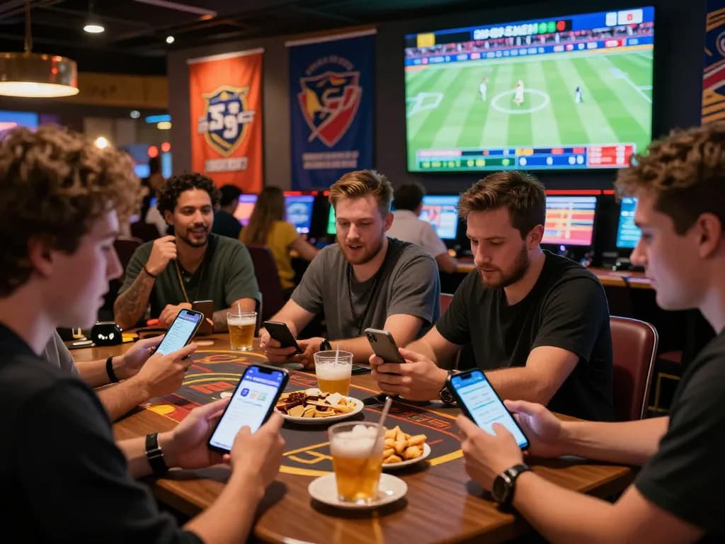 SBOBET sports betting group enjoying live events in a modern sportsbook atmosphere.