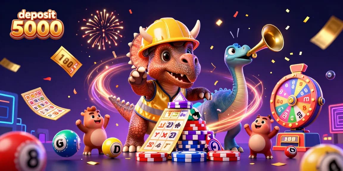 Experience the excitement of deposit 5000 with cheerful dinosaurs celebrating in a casino scene.