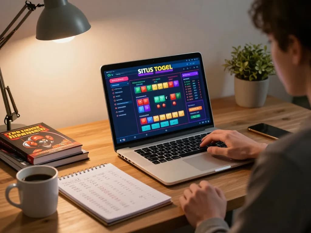 Pemain situs togel menganalisis strategi taruhan di laptop dalam lingkungan kantor rumah yang nyaman.