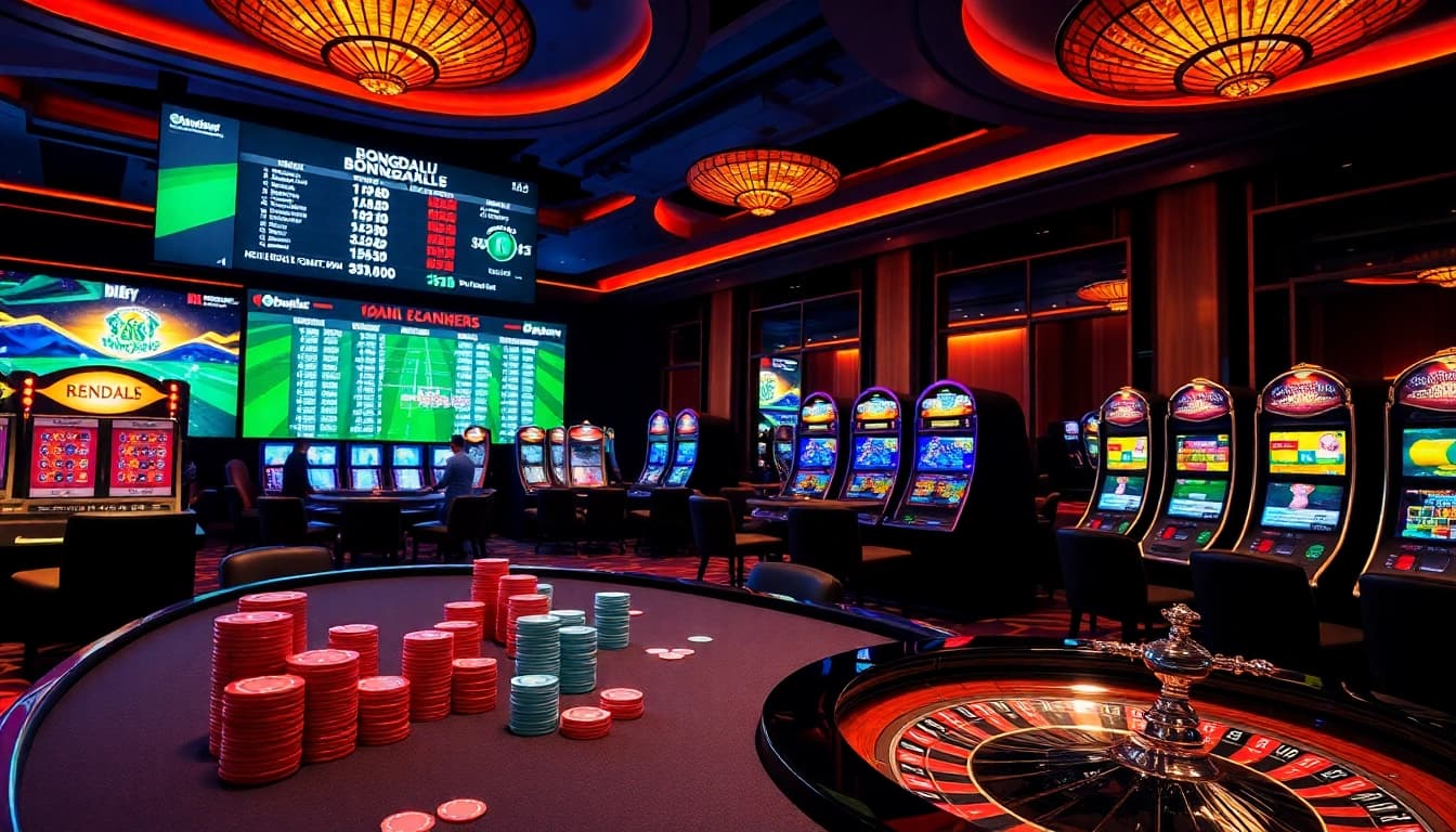 Bongdalu illuminates an exciting casino scene with poker chips, vibrant cards, and a spinning roulette wheel.