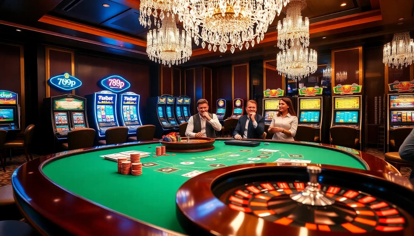 Exciting casino scene with players enjoying games at 789p online, featuring roulette and blackjack.