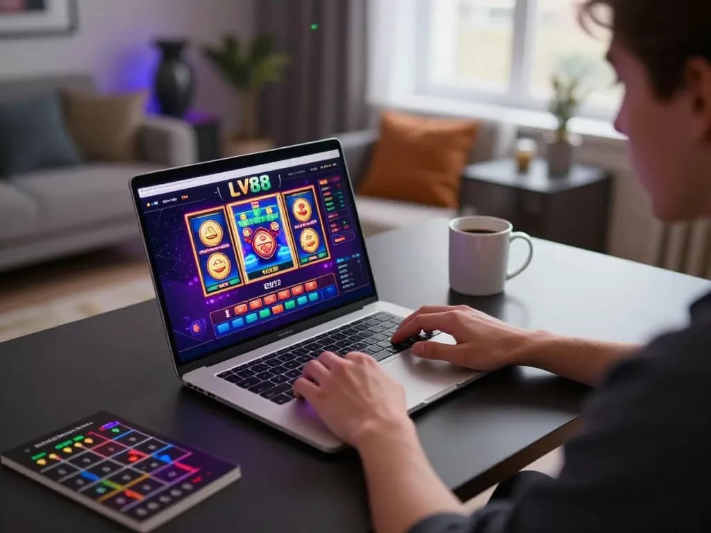 Engaging in online gambling at LV88 casino with strategic betting on a laptop