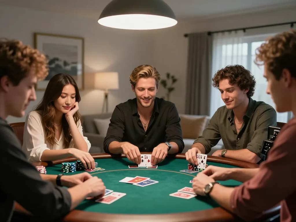 Players engaged in a poker game at home, showcasing the excitement of gambling found at https://kjc.events/.