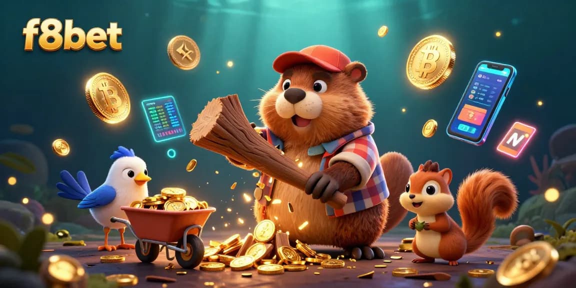 Enjoy the thrilling experience of f8bet with lively characters collecting gold coins in a vibrant casino scene.