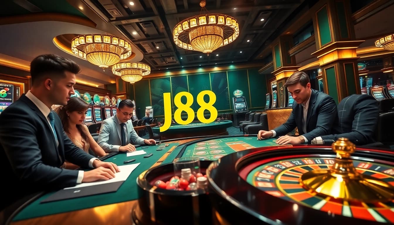 Players enjoying games at J88's vibrant casino, featuring thrilling poker, slots, and roulette.