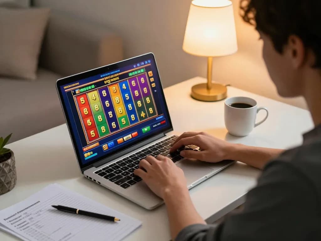 Engaging with slot gacor games on a laptop, showcasing vibrant online gaming setup.