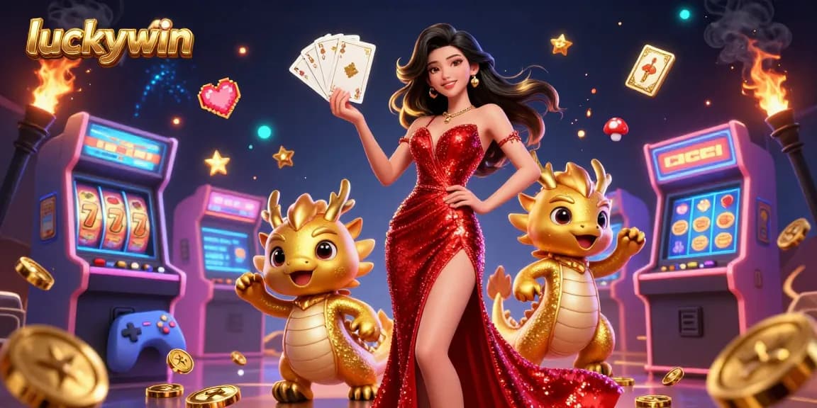 Share your luck with Luckywin's exciting casino games featuring stylish characters and golden dragon mascot.