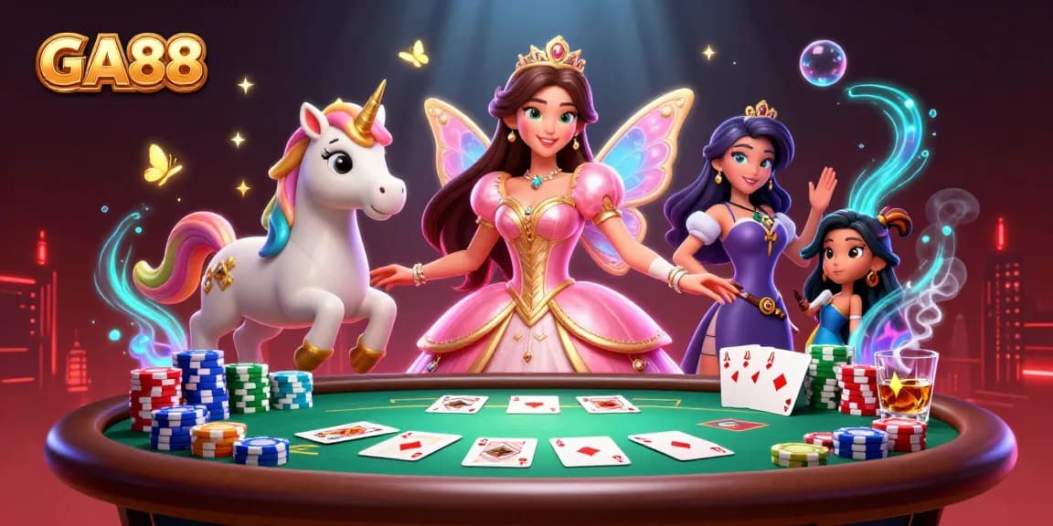 Experience the thrill of GA88 with high-stakes poker and enchanting casino elements in this vibrant illustration.