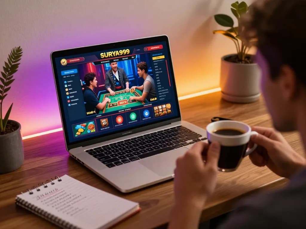 Setup permainan online SURYA999 dengan antarmuka kasino yang cerah dan suasana nyaman yang mengundang permainan secara bertanggung jawab.