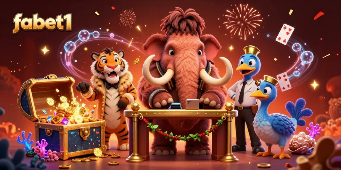 Join fabet1's vibrant casino scene with unique characters enjoying a gambling adventure.