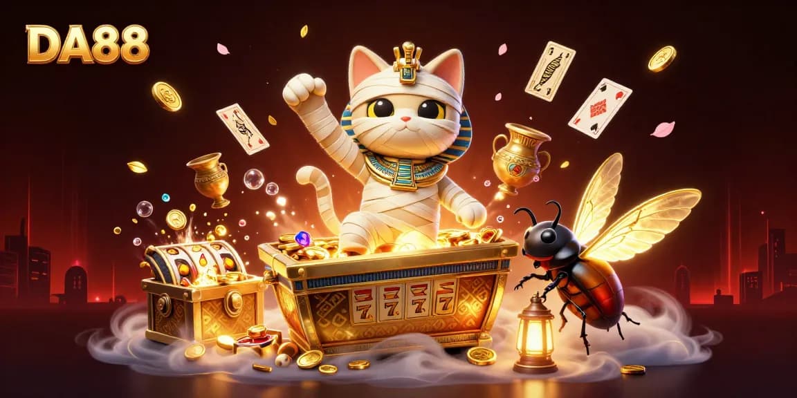 DA88 casino features a lively 3D scene with a mummy cat and treasures, symbolizing winning strategies.