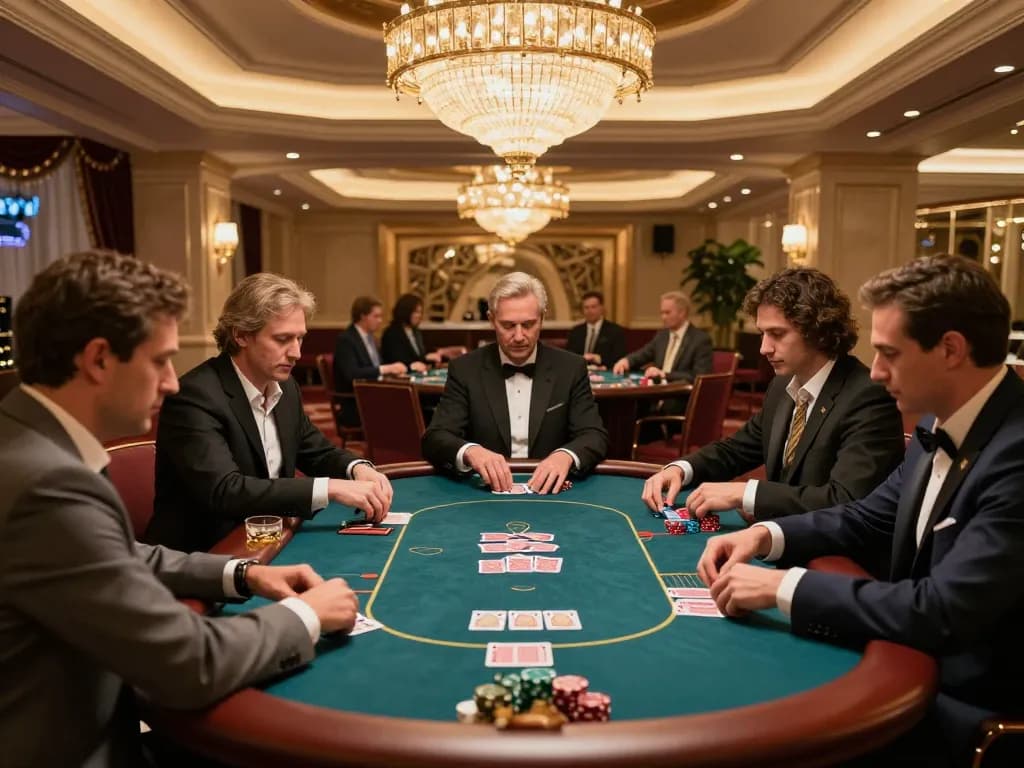 Players engaged in high-stakes poker at a KKWIN VIP gaming table, showcasing strategic gameplay.