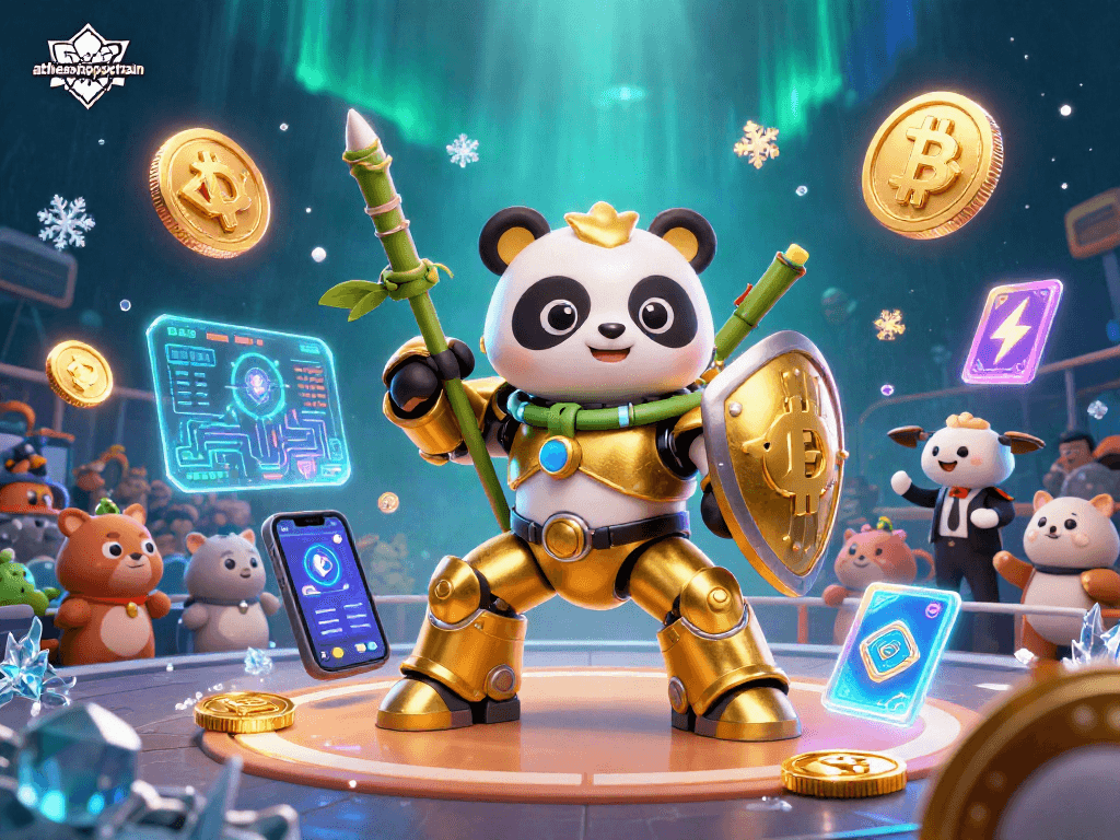 Engage with athenshappytrain's thrilling crypto casino scene featuring a mech-suit panda and blockchain elements.
