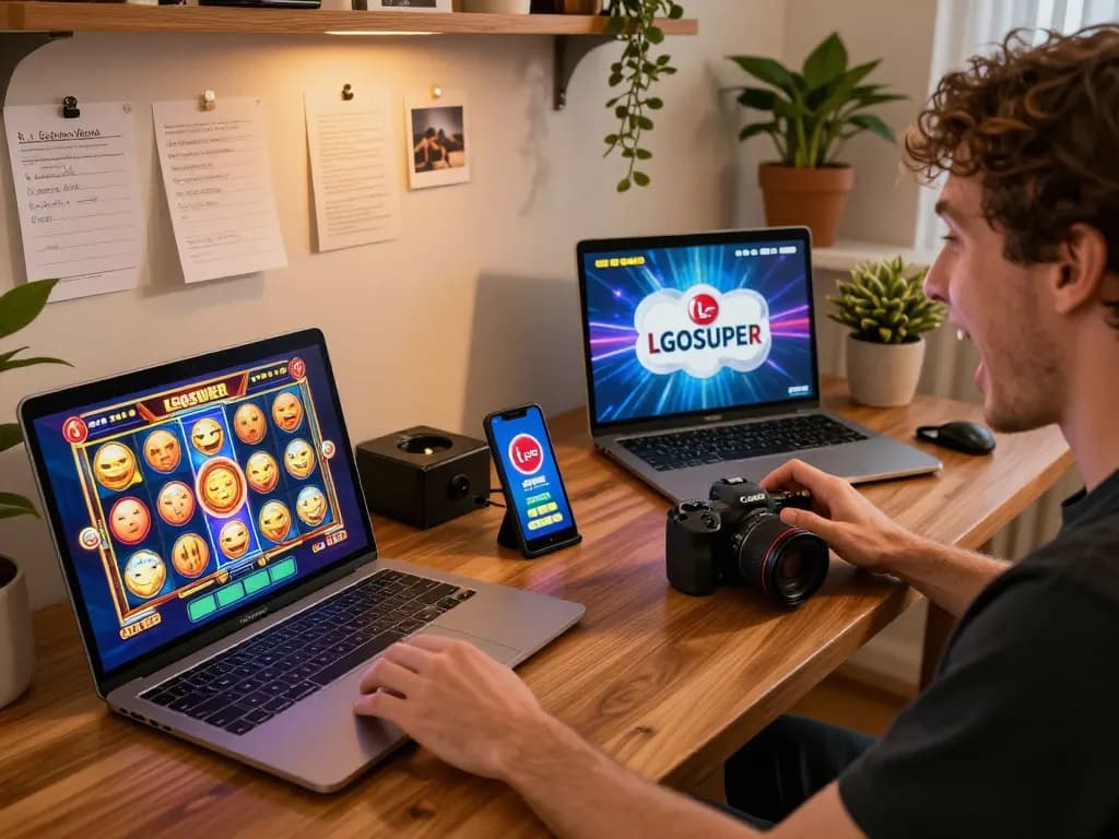 Players enjoying dynamic gaming with LGOSUPER interface on tablets and laptops in a cozy home setting.