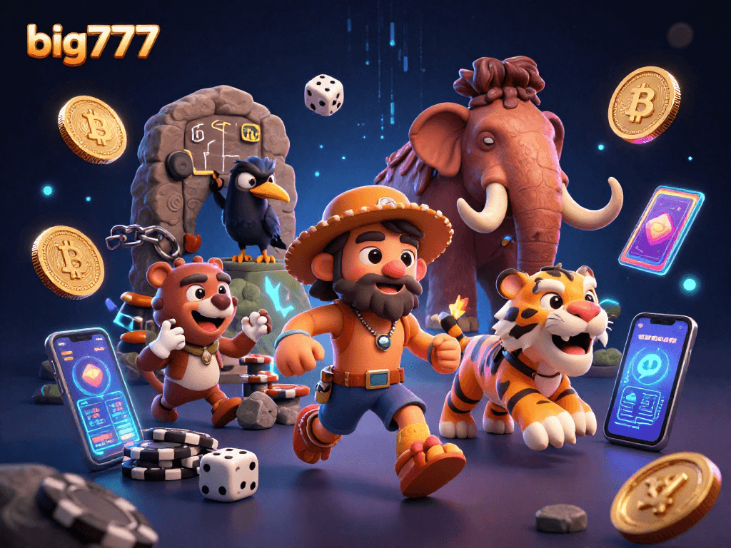 Experience big777 with a vibrant 3D illustration of a prehistoric casino scene featuring crypto elements.