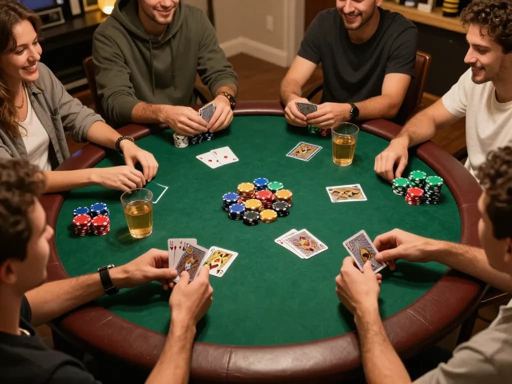 Aman788 engaging in a lively poker night at home, showcasing friends playing and strategic moves.