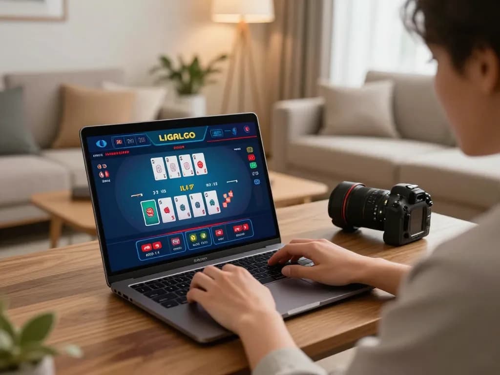 Engage in LIGALGO online gaming strategy from a cozy home setup with laptop showing an exciting blackjack game
