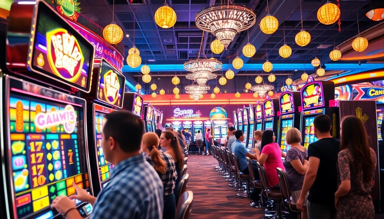 Slot gacor mudah menang dan pemain bersemangat di kasino yang meriah.