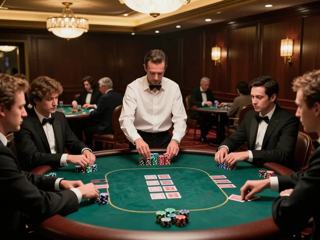 Pemain AJAIBTOTO menavigasi permainan poker berisiko tinggi di kasino mewah, menunjukkan strategi intens dan kegembiraan.