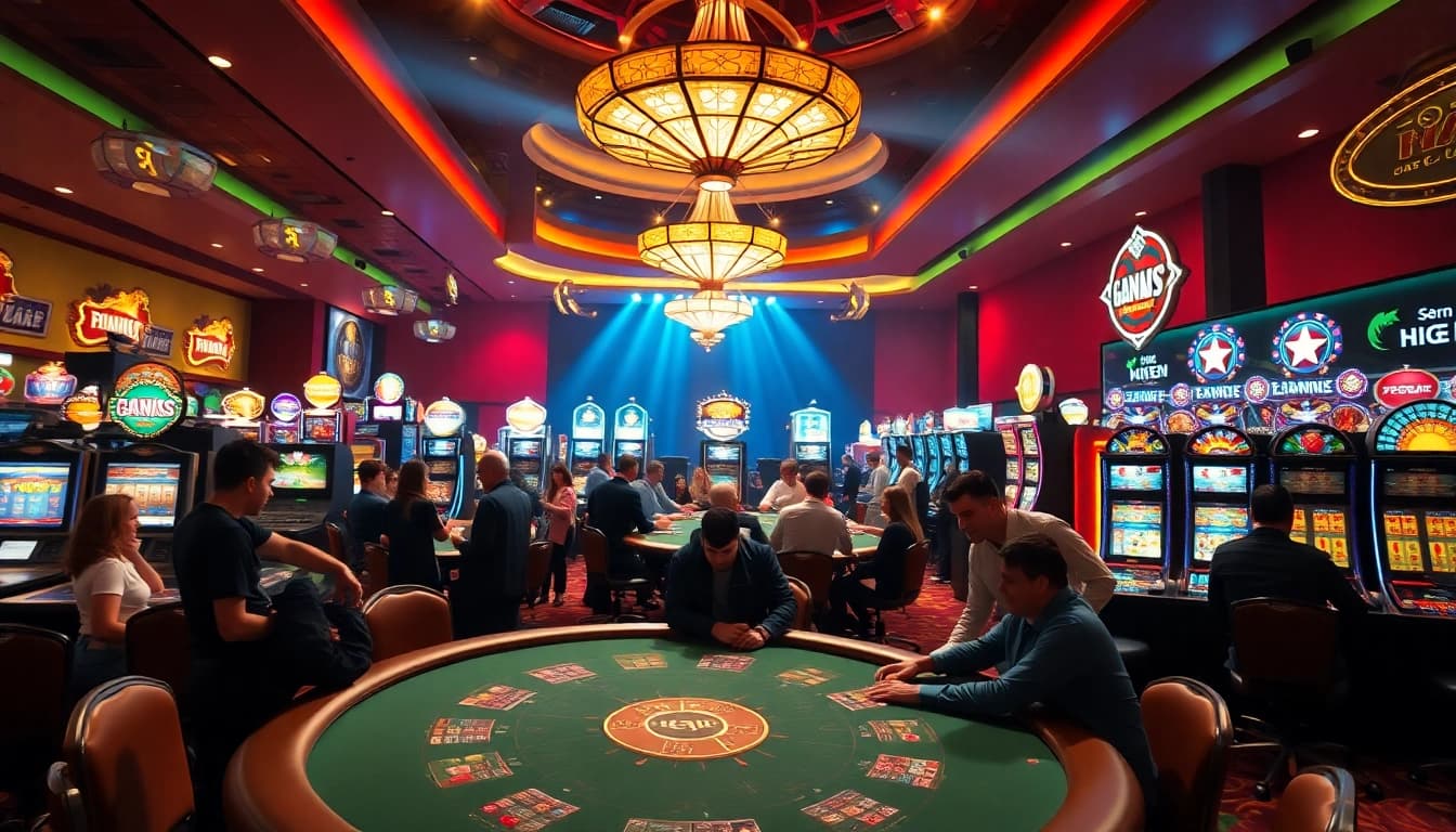 Aksi perjudian mahongtoto di meja poker dengan suasana kasino yang hidup.