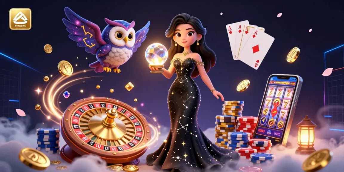 Bongdalu offers a vibrant casino scene with a stunning character, glowing crystal ball, and dynamic game elements.