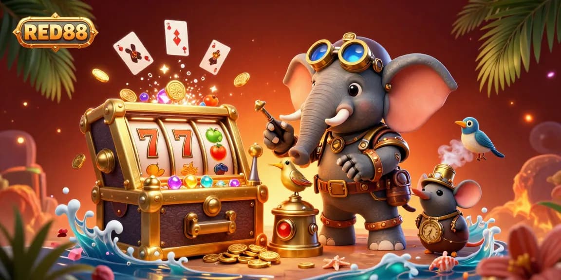 Join in the excitement with RED88 as an animated steampunk elephant engineer celebrates big wins at the slot machine.