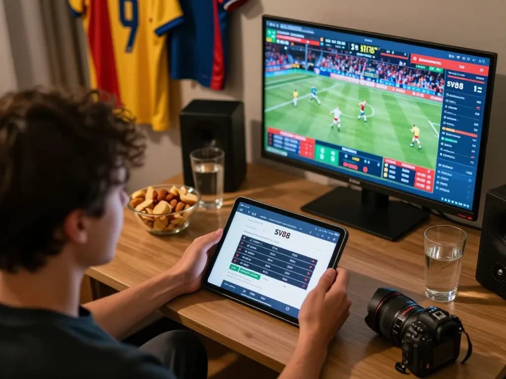 Engaged user at home focused on sv88 đăng nhập page for live sports betting, tablets and snacks visible.