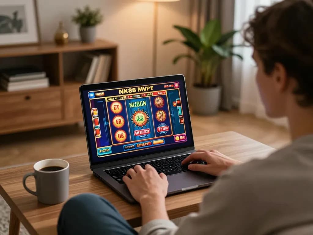 Navigating NK88 MVP online game on a laptop, engaging with vibrant slot machine interface for an immersive experience.